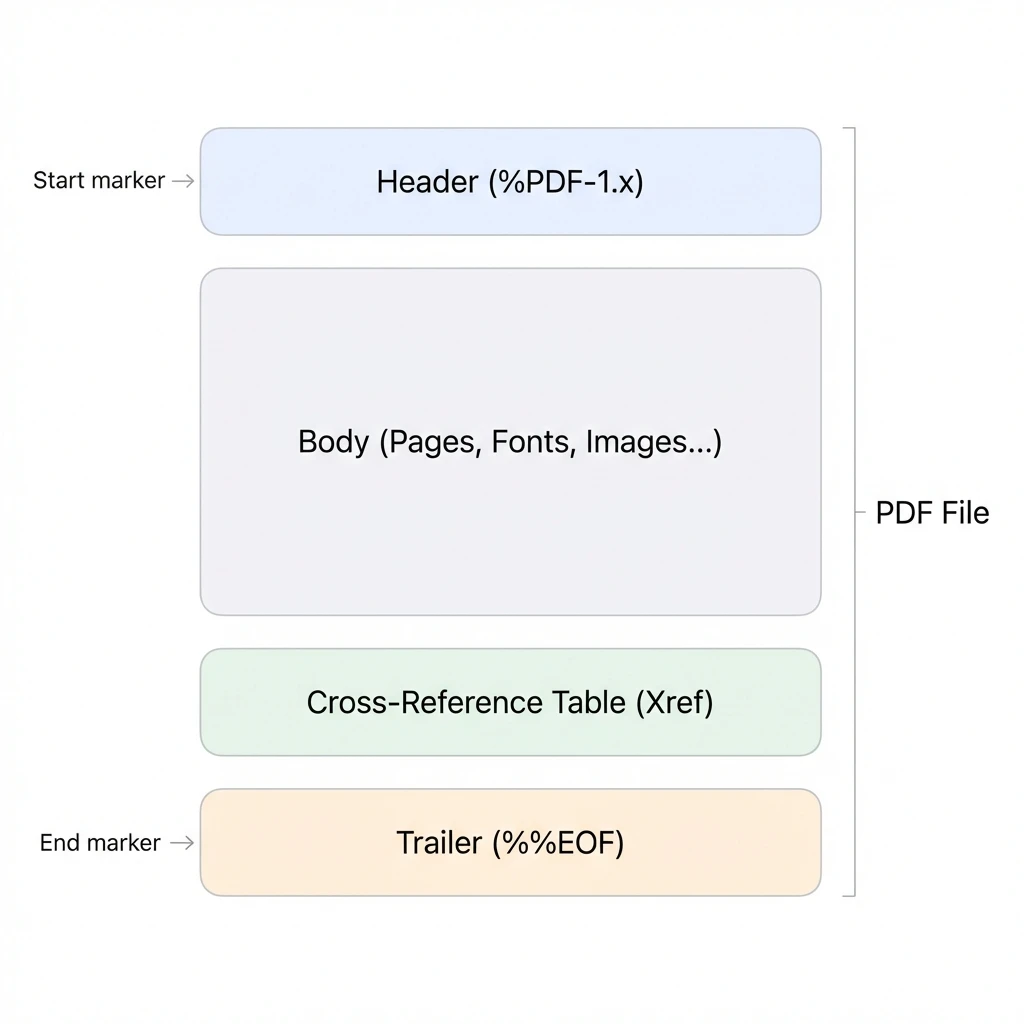 PDF 파일 구조 다이어그램 — header, body, xref, trailer