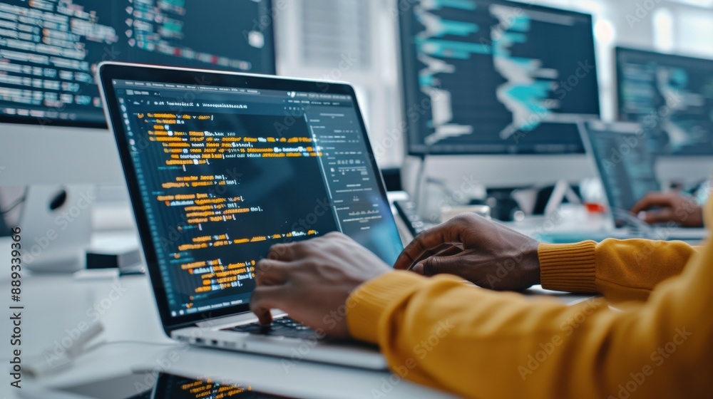 Development environment showing code across a laptop and multiple screens